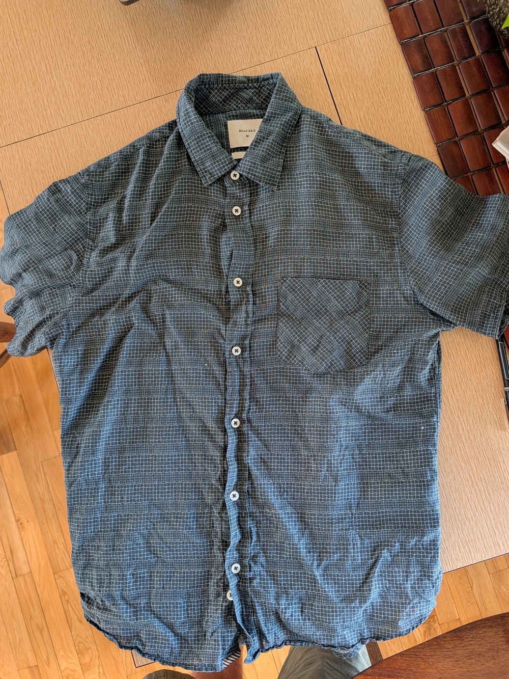 Billy Reid Casual Blue Green Linen Check Short-Sleeve Men's Shirt
